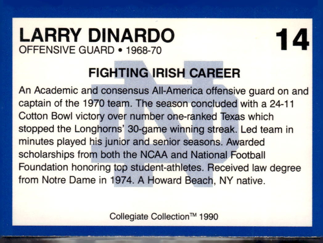 1990 Collegiate Collection Notre Dame Larry Dinardo #14