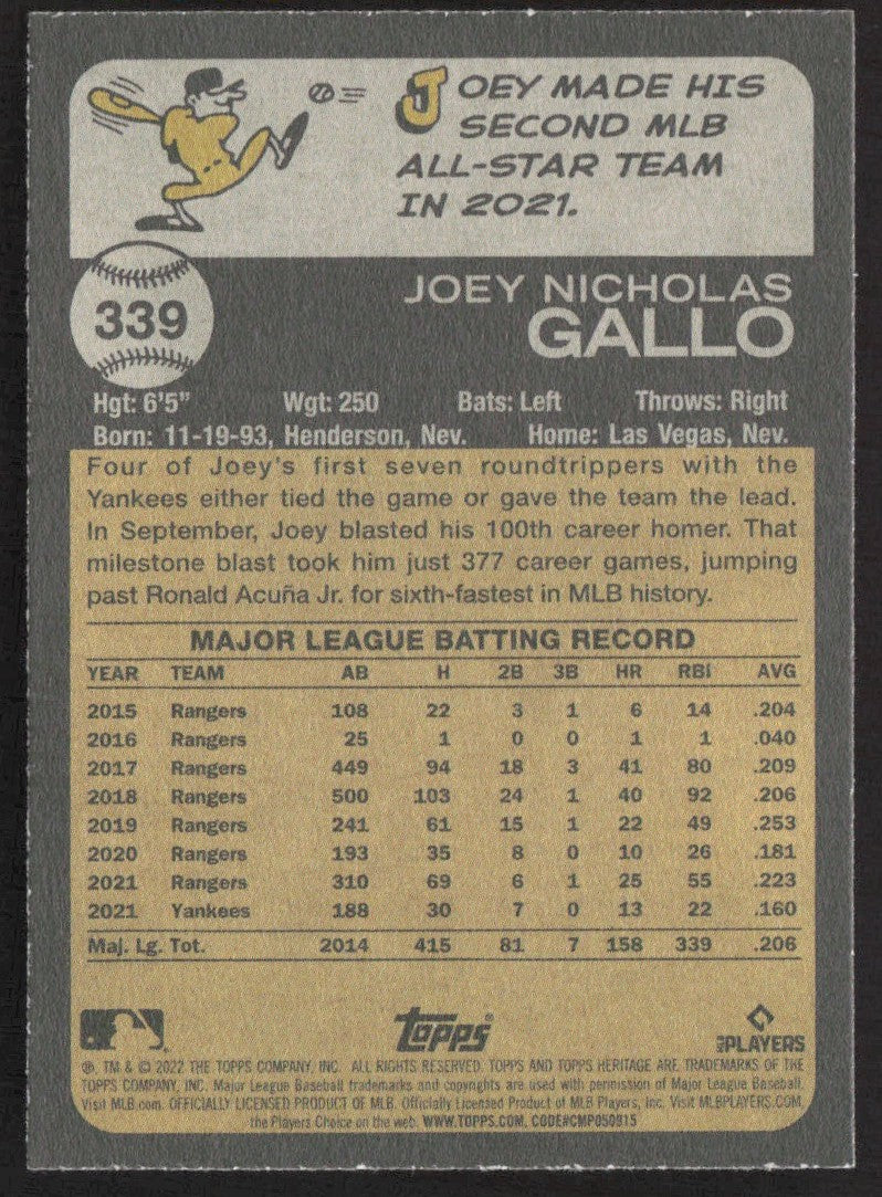 2022 Topps Heritage 339 Joey Gallo
