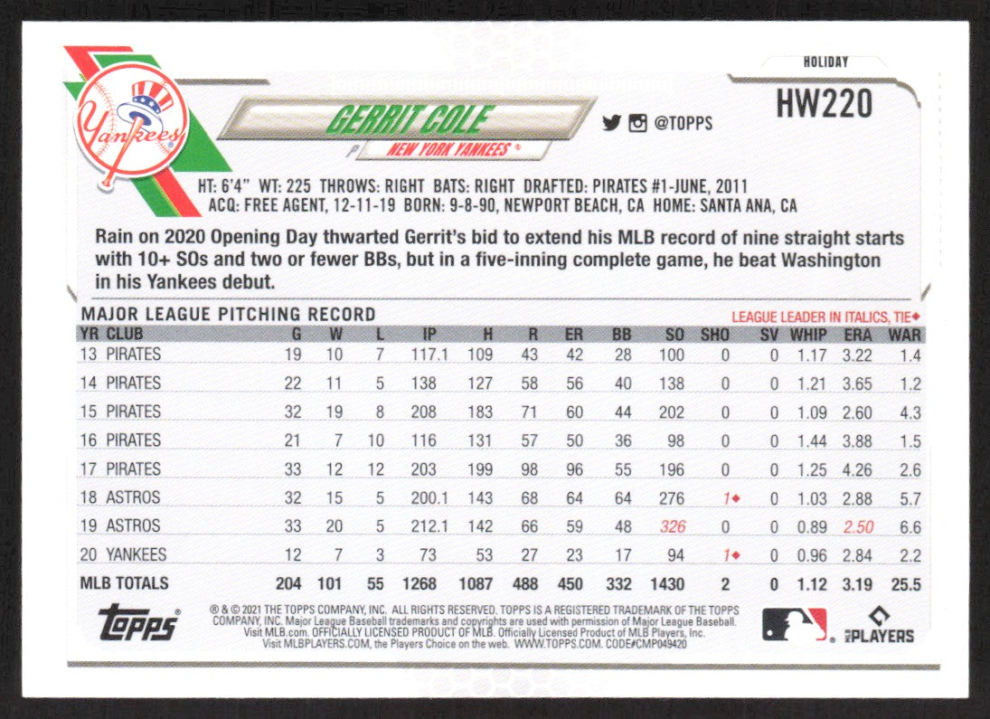 2021 Topps Holiday HW220 Gerrit Cole