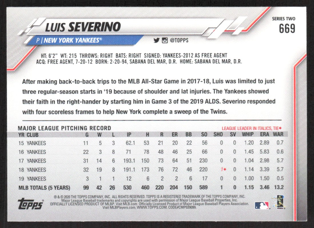 2020 Topps Blue 669 Luis Severino