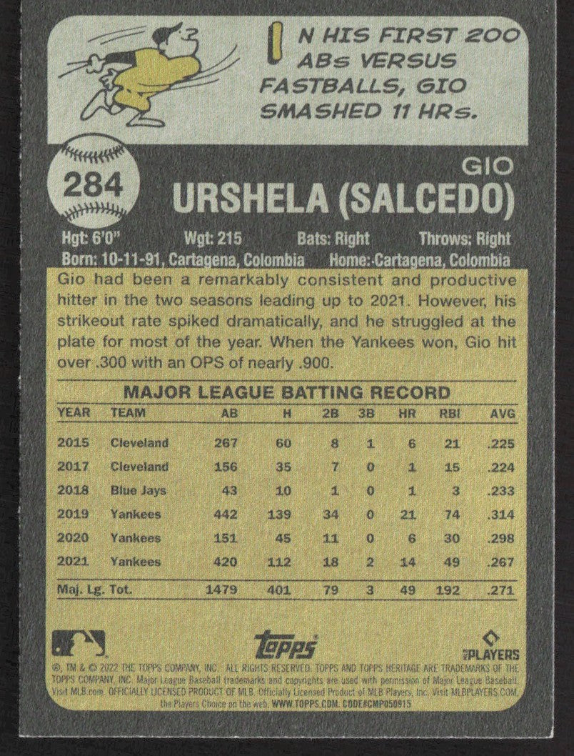 2022 Topps Heritage 284 Gio Urshela