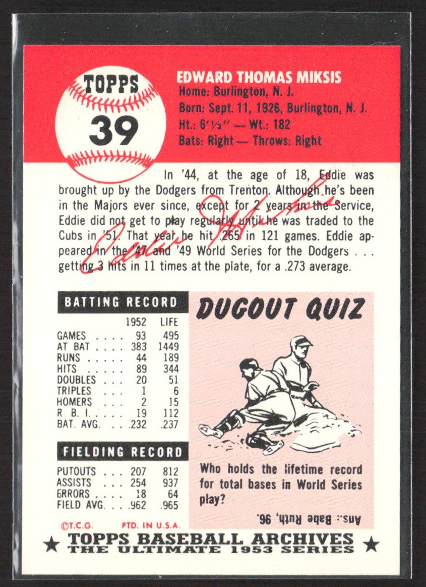 1991 Topps Archives 1953 Eddie Miksis #39