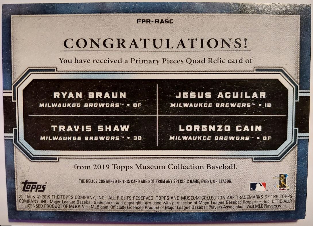 2019 Topps Museum Collection Quad Relics Braun/Aguilar/Shaw/Cain